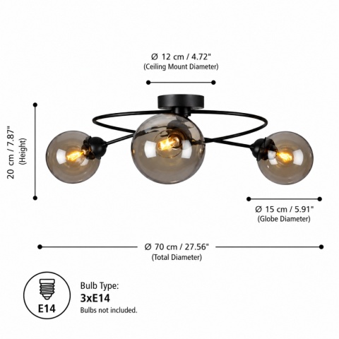 Lampa sufitowa 3xE14 Lyra Black/Smoky II