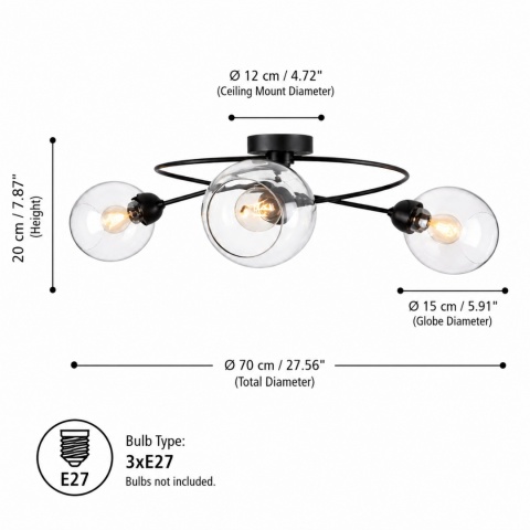 Lampa sufitowa 3xE27 Lyra Black/Clear