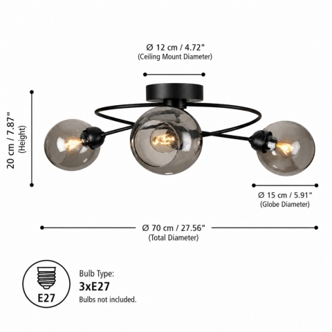 Lampa sufitowa 3xE27 Lyra Black/Smoky