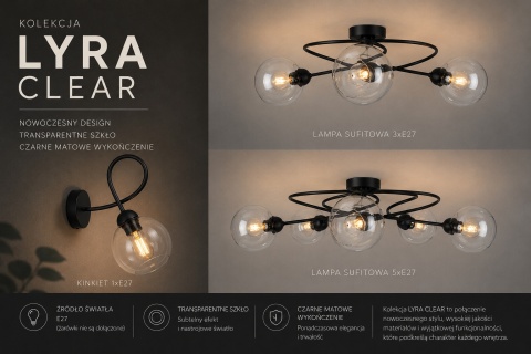 Lampa sufitowa 5xE27 Lyra Black/Clear