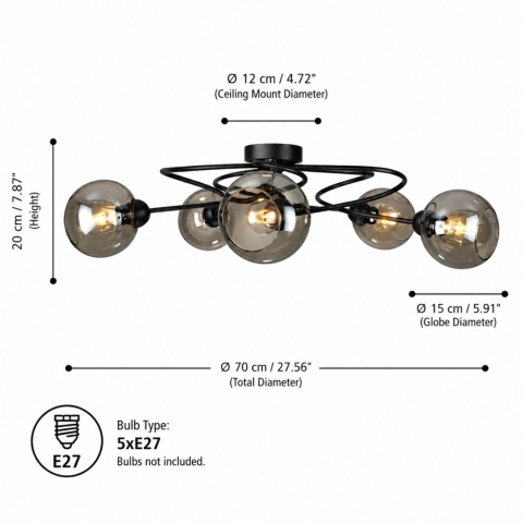 Lampa sufitowa 5xE27 Lyra Black/Smoky