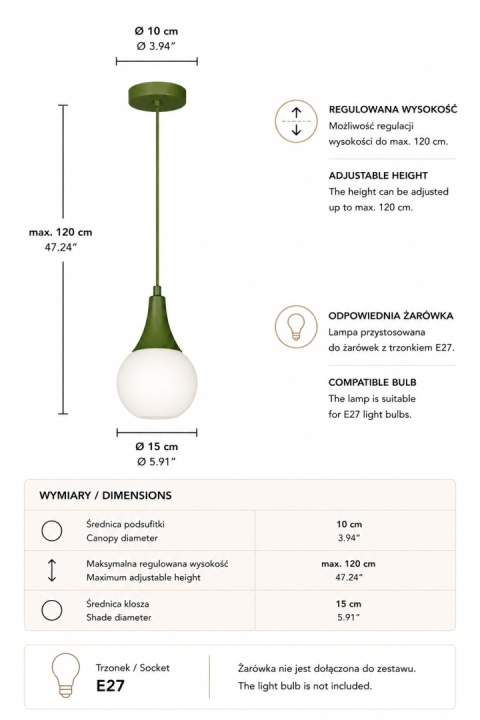 Lampa wisząca 1xE27 Lacrima Khaki