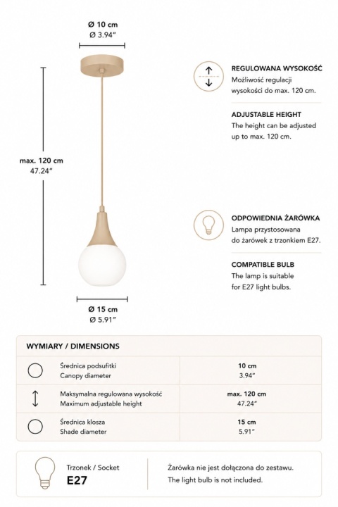 Lampa wisząca 1xE27 Lacrima Latte
