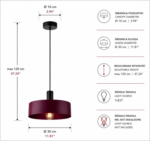 Pendant Lamp 1xE27 Wine/Black