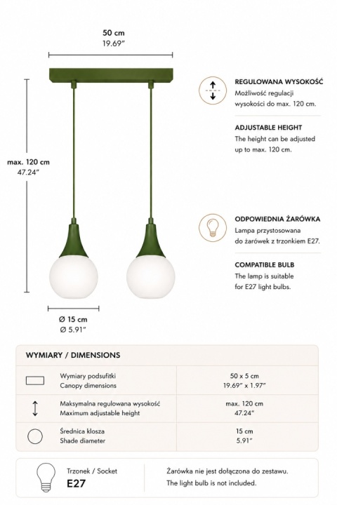 Lampa wisząca 2xE27 Lacrima Khaki