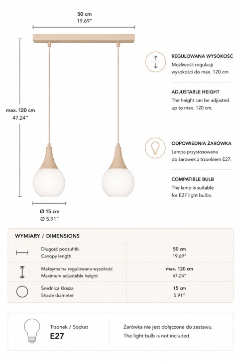 Lampa wisząca 2xE27 Lacrima Latte