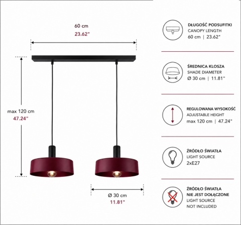 Lampa wisząca 2xE27 Wine/Black