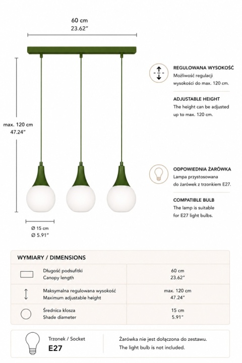 Lampa wisząca 3xE27 Lacrima Khaki