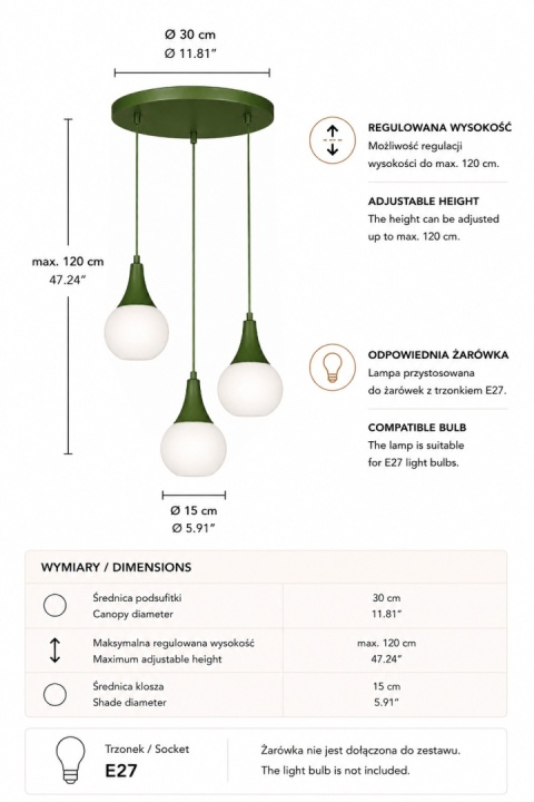 Lampa wisząca 3xE27 Lacrima Khaki