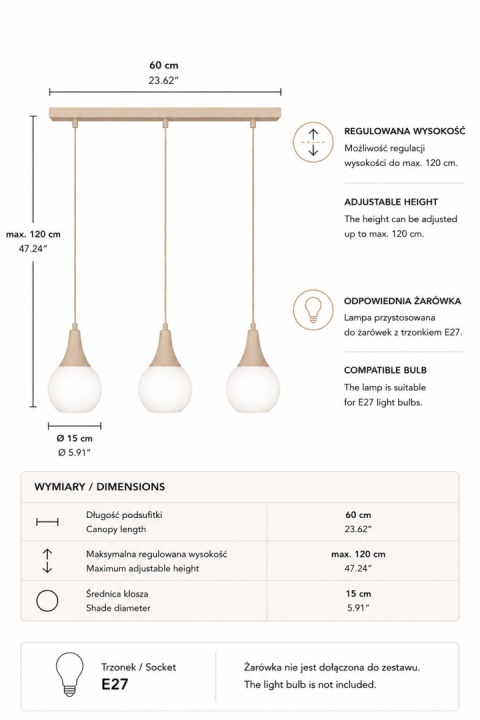 Lampa wisząca 3xE27 Lacrima Latte