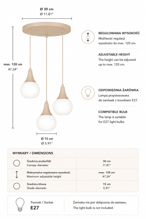 Lampa wisząca 3xE27 Lacrima Latte