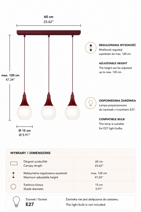 Lampa wisząca 3xE27 Lacrima Wine