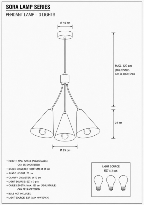 Lampa wisząca 3xE27 Sora Latte
