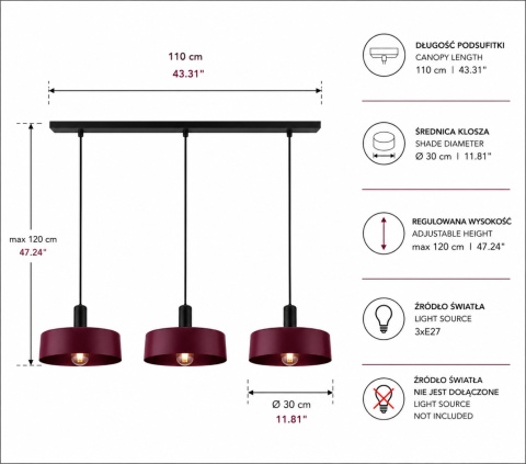 Lampa wisząca 3xE27 Wine/Black