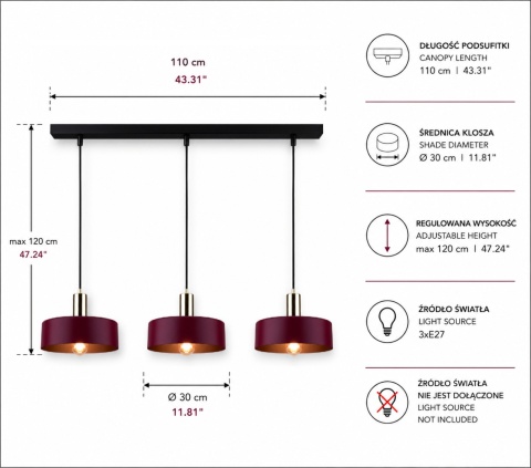 Lampa wisząca 3xE27 Wine/Gold