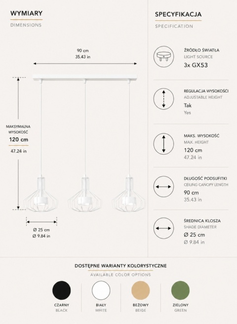 Lampa wisząca 3xGX53 Axia White