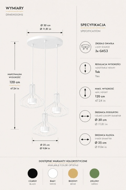 Lampa wisząca 3xGX53 Axia White
