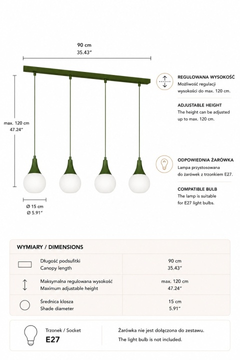 Lampa wisząca 4xE27 Lacrima Khaki