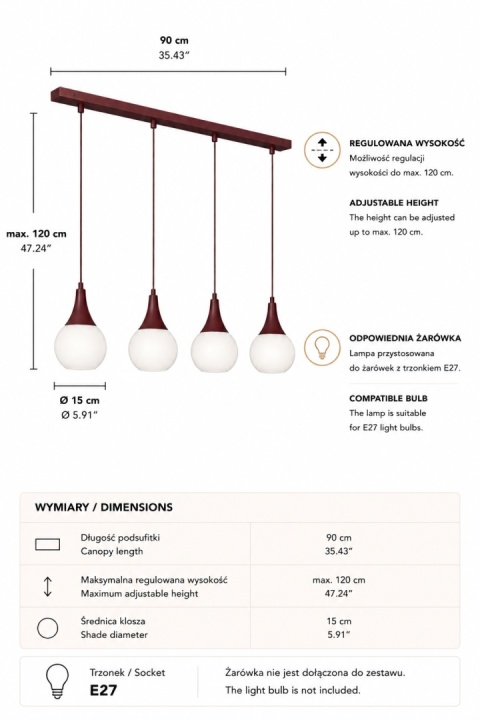 Lampa wisząca 4xE27 Lacrima Wine