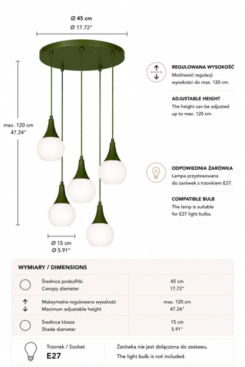 Lampa wisząca 5xE27 Lacrima Khaki