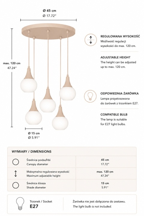Lampa wisząca 5xE27 Lacrima Latte