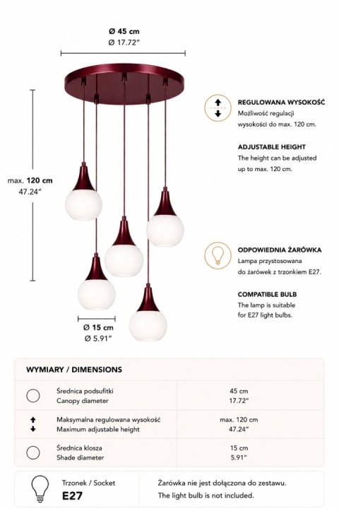 Lampa wisząca 5xE27 Lacrima Wine