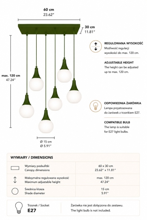 Lampa wisząca 6xE27 Lacrima Khaki