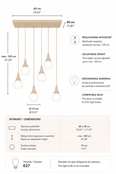 Lampa wisząca 6xE27 Lacrima Latte