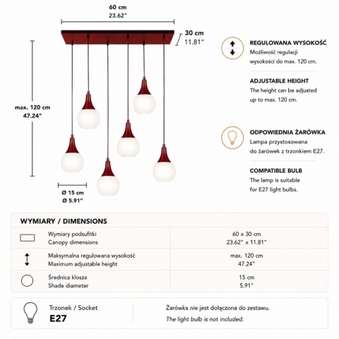 Lampa wisząca 6xE27 Lacrima Wine