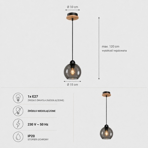 Pendant lamp 1xE27 YUNO WOOD BLACK/NATURAL