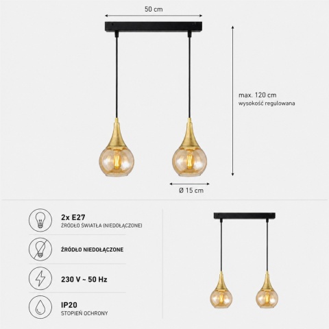 Lampa wisząca 2xE27 LACRIMA HONEY/GOLD