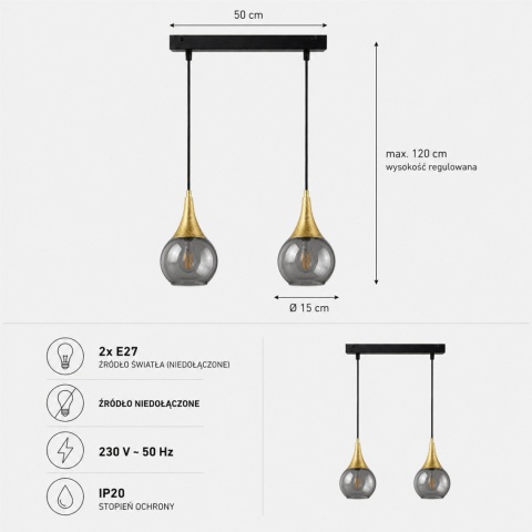 Pendant lamp 2xE27 LACRIMA SMOKY/GOLD
