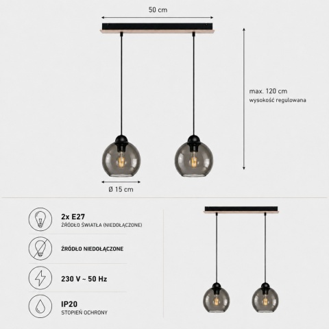 Lampa wisząca 2xE27 YUNO WOOD BLACK/NATURAL