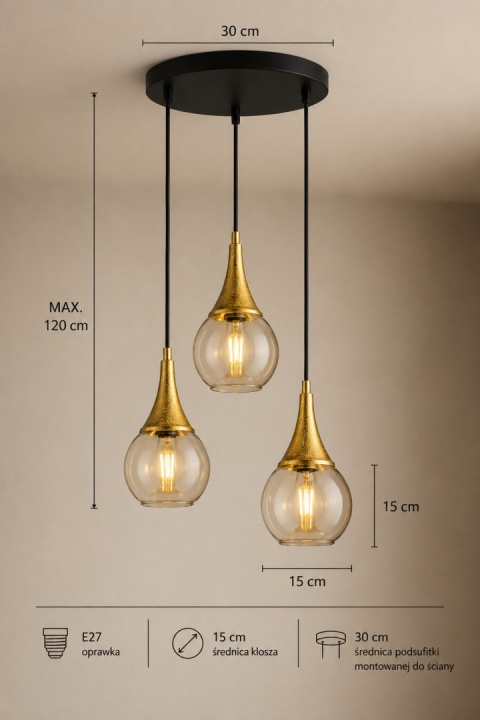 Lampa wisząca 3xE27 LACRIMA HONEY/GOLD