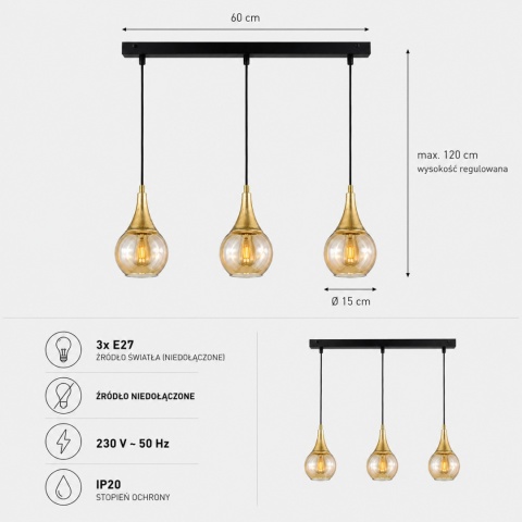 Pendant lamp 3xE27 LACRIMA HONEY/GOLD
