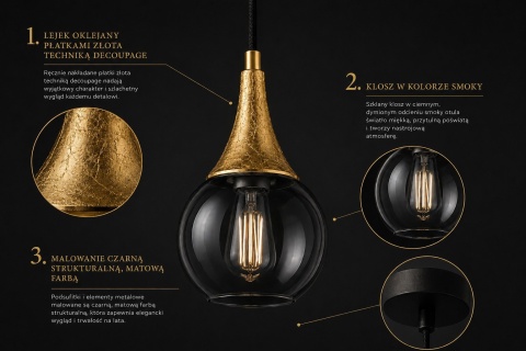 Pendant lamp 3xE27 LACRIMA SMOKY/GOLD