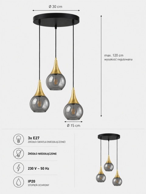 Pendant lamp 3xE27 LACRIMA SMOKY/GOLD