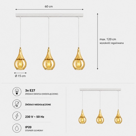 Pendant lamp 3xE27 LACRIMA WHITE
