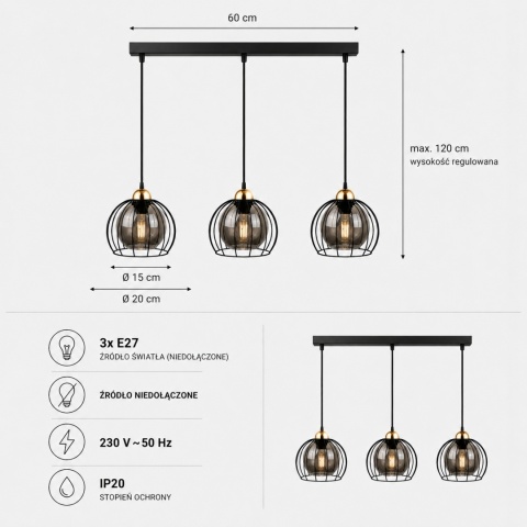 Pendant lamp 3xE27 SOLO BLACK/GOLD