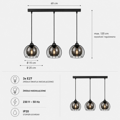 Pendant lamp 3xE27 SOLO BLACK