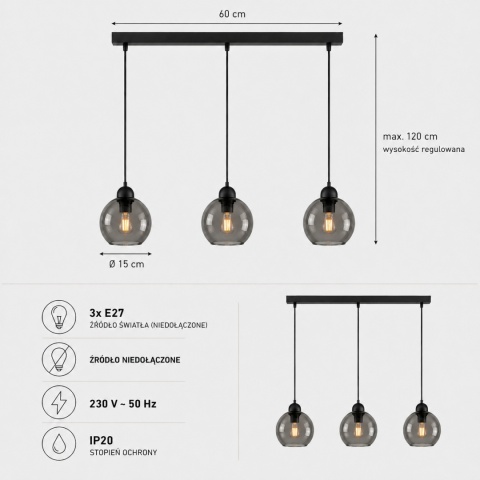 Lampa wisząca 3xE27 YUNO BLACK