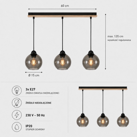 Pendant lamp 3xE27 YUNO WOOD BLACK/NATURAL