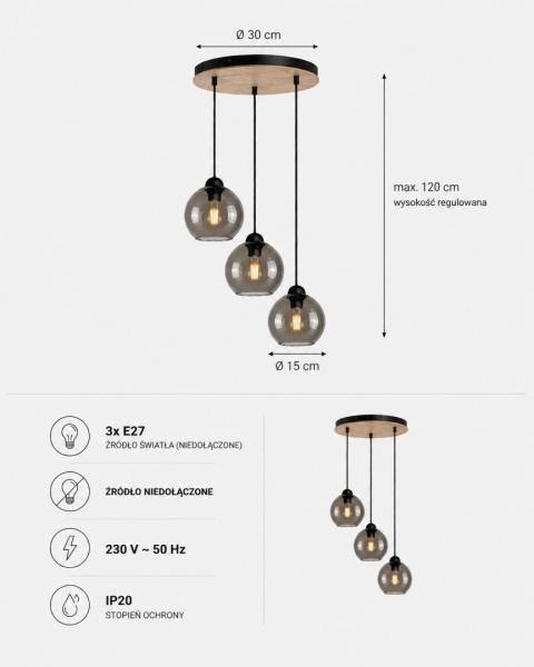 Lampa wisząca 3xE27 YUNO WOOD BLACK/NATURAL