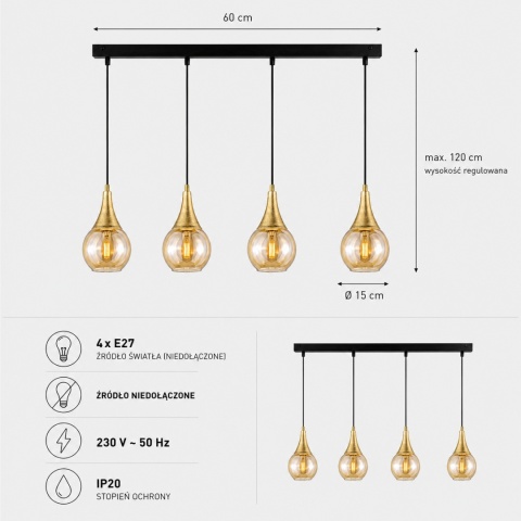 Pendant lamp 4xE27 LACRIMA HONEY/GOLD
