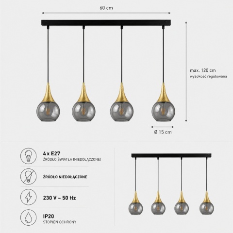 Pendant lamp 4xE27 LACRIMA SMOKY/GOLD