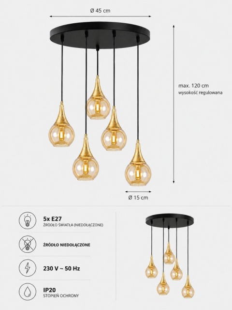 Pendant lamp 5xE27 LACRIMA HONEY/GOLD