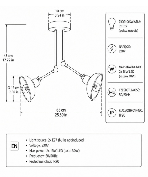 Ceiling Lamp 2xE27 HERMES BLACK