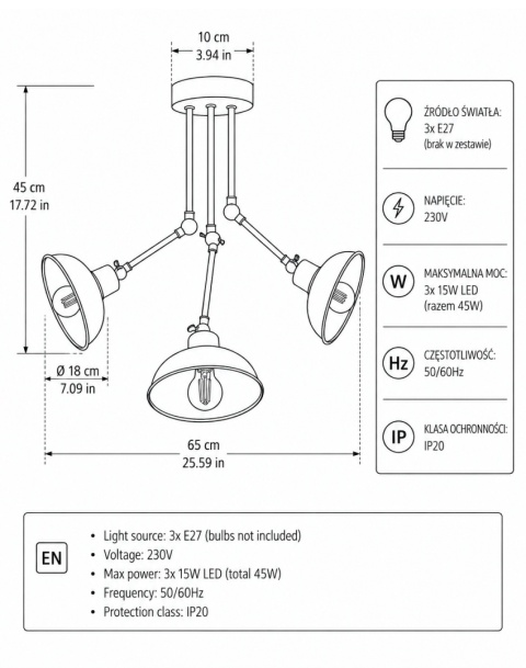 Lampa sufitowa 3xE27 HERMES BLACK