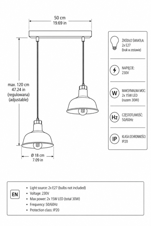 Pendant lamp 2xE27 HEBE BLACK