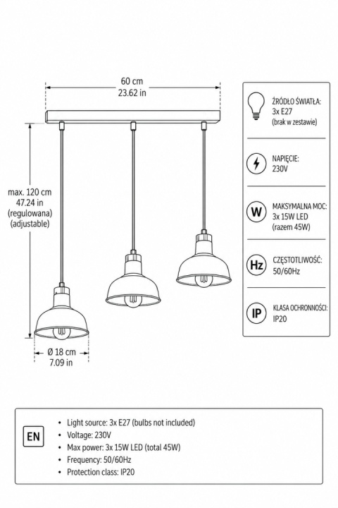 Lampa wisząca 3xE27 HEBE BLACK